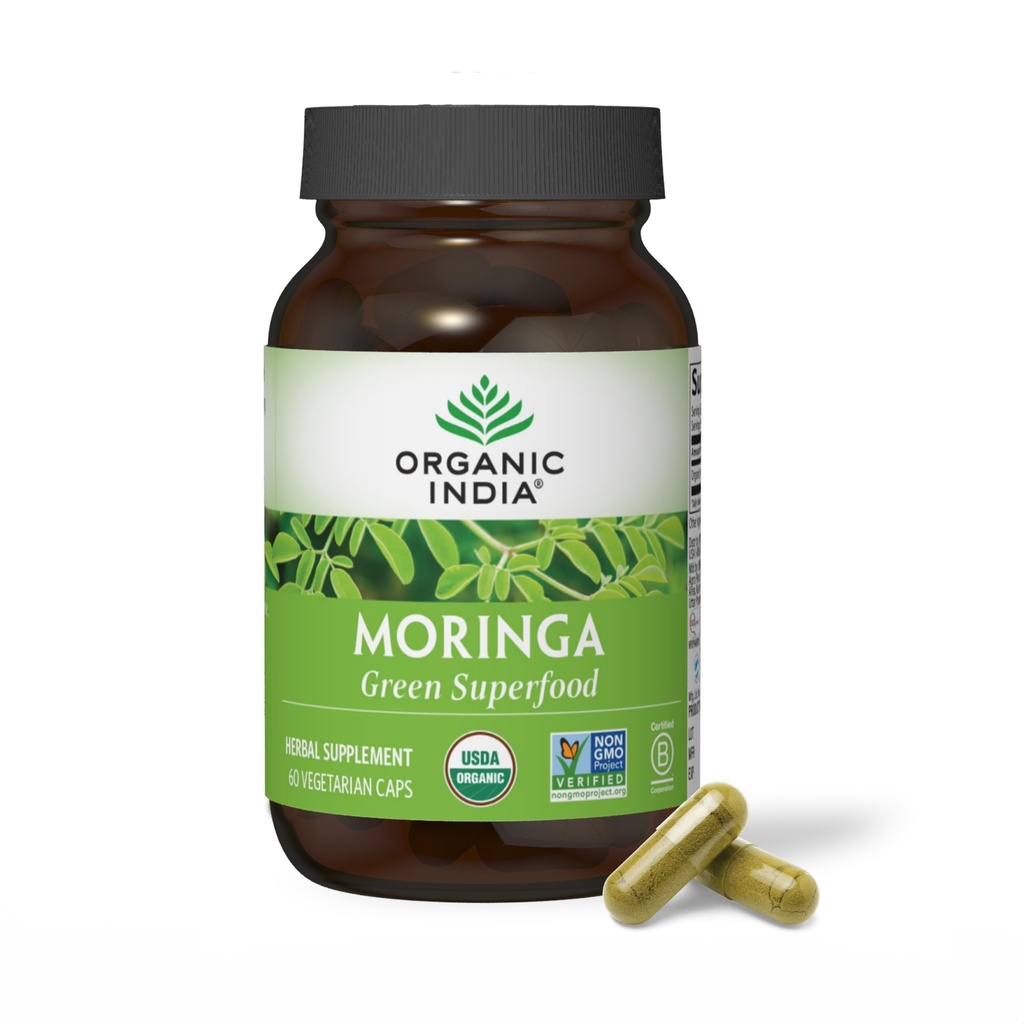 Organic india Moringa Κάψουλες Βιολογικές - συμπλήρωμα Moringa - Πράσινο Superfood, Moringa Leaf κάψουλες, Καθαρό Supergreen, Vegan Greens, Πολυβιταμίνη της φύσης, Vegan, Χωρίς γλουτένη - 60 Κάψουλες