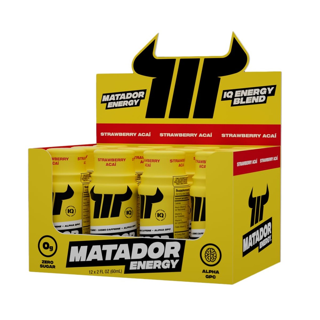 MATADOR Ενεργειακά σφηνάκια Επιπλέον δύναμη Μίνι Ενεργειακά Ποτά w/B Σύμπλεκτες Βιταμίνες (βιταμίνη B12-B9-B6-B3), Alpha GPC Nootropic IQ Ενέργεια, Coffee Bean Extract Καφεΐνη Shots, 24 Ενέργεια Ποτό Φράουλα Acai