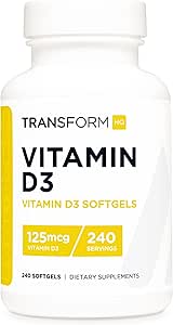 TransformHQ Βιταμίνη D3 5000 IU (125mcg) 240 Softgels - Συμπλήρωμα βιταμίνης D, Χωρίς γλουτένη, Μη ΓΤΟ