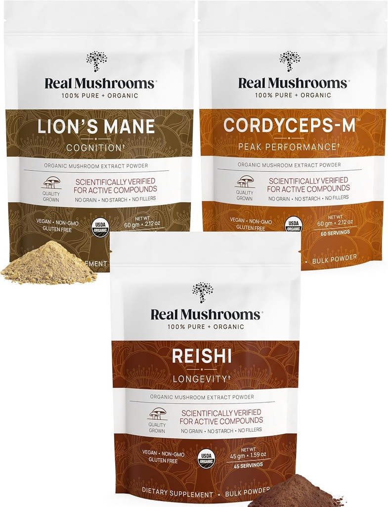 Real Mushrooms Peak Performance Bundle - Lion's Mane + Reishi + Cordyceps-M Πιστοποιημένες οργανικές σκόνες για ζωτικότητα, ανοσία & μακροζωία