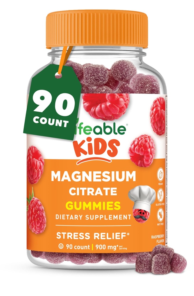 Lifeable Magnesium Gummies for Kids | 900mg Magnesium Citrate | Great Tasting Kids Magnesium Supplement | Gluten Free Muscle Support and Stress Relief Chewable | 90 Gummies