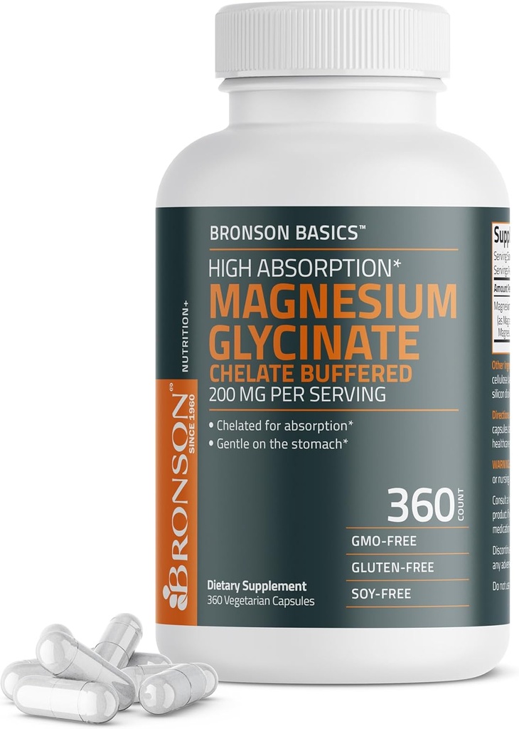 Bronson Μαγνήσιο Γλυκινικό 200mg Χημική Απορρόφηση Υψηλής Απορρόφησης Πυκνά Απαλά στο στομάχι Μη-ΓΤΟ, 360 κάψουλες χορτοφαγικών