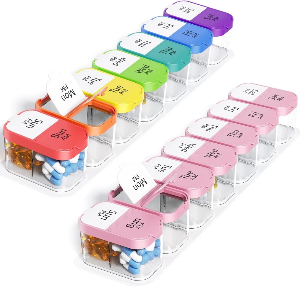 Odaro Extra Large Weekly Pill Organizer, XL Pill Box 7 Day AM PM, Jumbo Medicine Organizer 2 φορές την ημέρα για να κρατήσει την καθημερινή ιατρική, βιταμίνες, και συμπληρώματα, Rainbow & ροζ / λευκό (σετ των δύο)