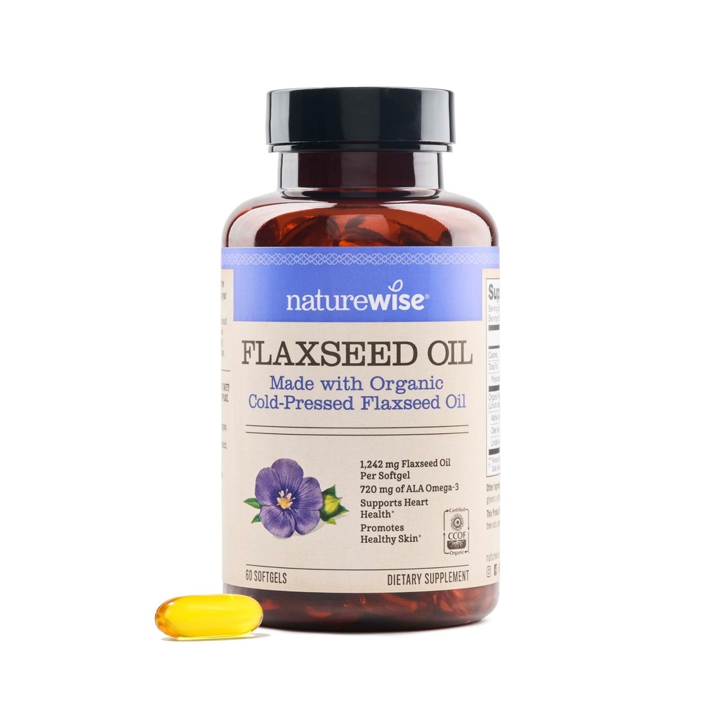 NatureWise Flaxseed Oil 1200 mg, Fish Free Omega 3 6 9 με 720mg ALA, Συμπλήρωμα διατροφής για την υποστήριξη της υγείας της καρδιάς - Βιολογικό, κρύο πιεσμένο, μη GMO - 60 Softgels[2-Month Supply]
