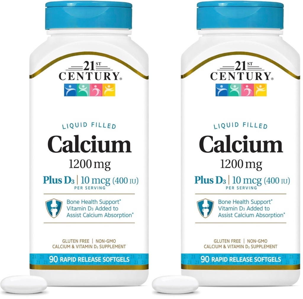 21st Century Calcium Plus D3 Liquid Filled Softgel, 1200 mg, 90 Count (Pack of 2)