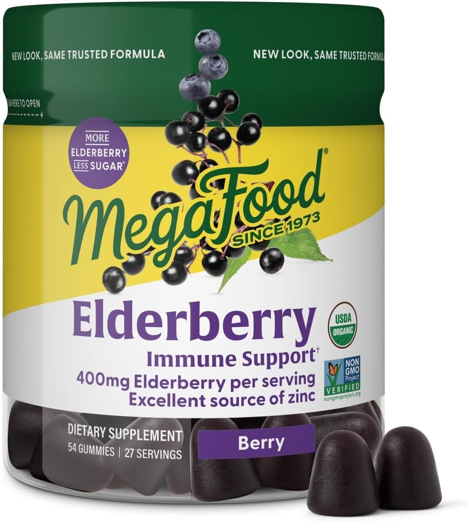Megafood Elderberry Immune Support Supplement - Vegan Elderberry Gummies for Adults - Made with Zinc and Real Food - Πεκτίνη με βάση, χωρίς γλουτένη, USDA Organic - 54 Gummies, 27 Υπηρεσίες