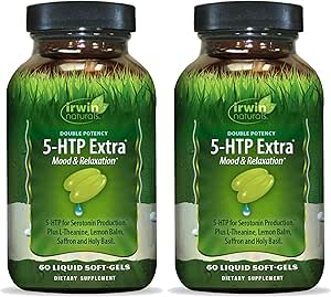 Irwin Naturals Double Potency 5-HTP Extra - 60 Liquid Soft-Gels, Συσκευασία των 2 - για χαλάρωση & παραγωγή σεροτονίνης - 60 Total Services