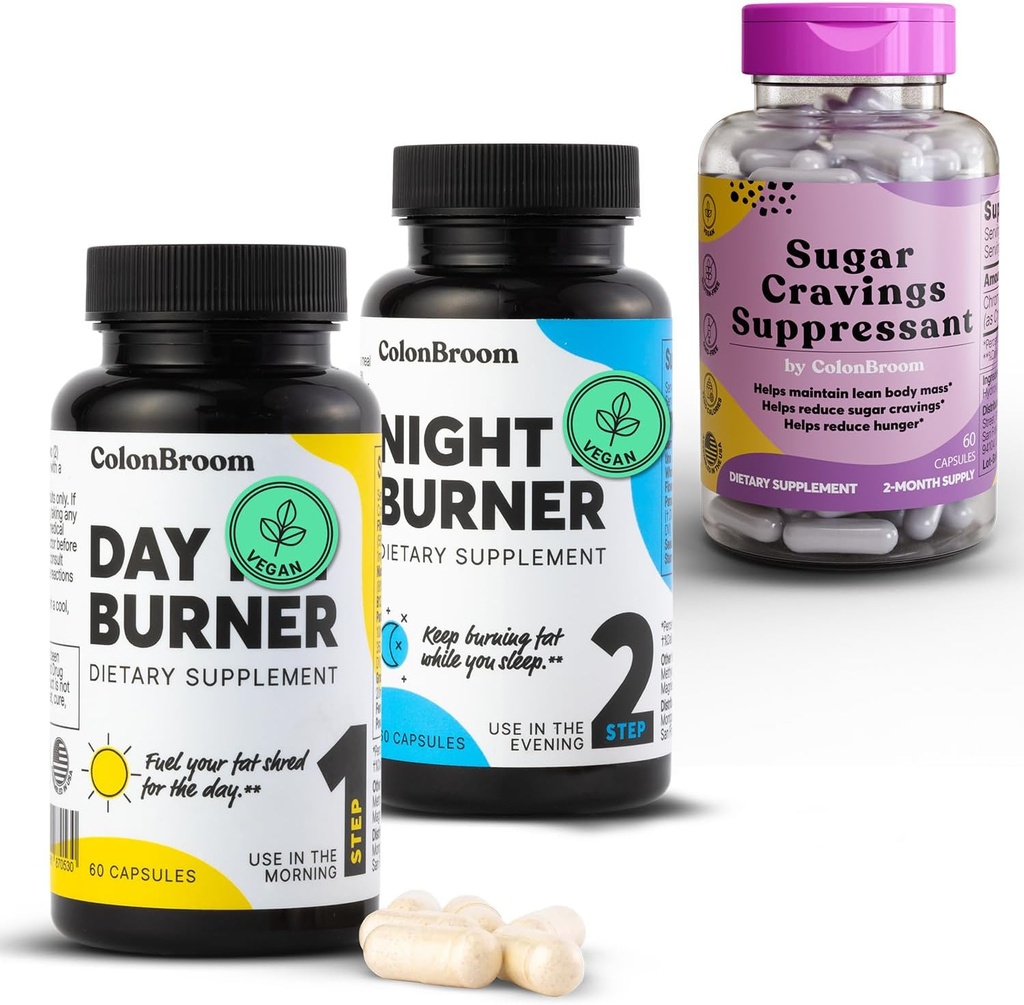ColonBroom Day & Night Burner Supplements, Weight Management Pills (60 Servings) + Sugar Craving Suppressant - Chromium Picolinate 200mcg (60 Servings), 3 Items