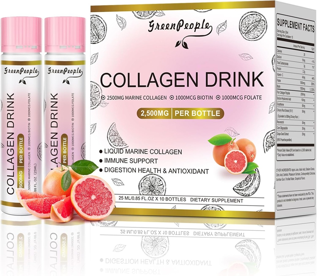 GREENPEOPLE Υγρό κολλαγόνο για γυναίκες & άνδρες, 2500mg Ψάρια Κολλαγόνο Πεπτίδια + Υαλουρονικό οξύ + Βιταμίνη Bs & C, Καρφάκια Δέρματος Μαλλιά αρθρώσεις Οστέινα Υποστήριξη (0.85 fl oz, 10 μπουκάλια, γκρέιπφρουτ)