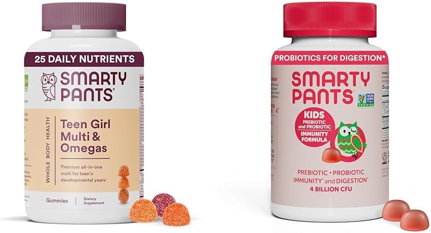 SmartyPants Teen Girl Multivitamin Gummies: Omega 3 Fish Oil (EPA/DHA), Vitamin D3, C, Vitamin B12 & Kids Προβιοτική Ανοσία Gummies: Prebiotics & Probiotics for Digestive Health