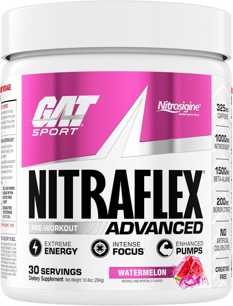 GAT SPORT Nitraflex Advanced Pre-Wortout Powder, Αυξάνει τη ροή του αίματος, Ενισχύει τη δύναμη και την ενέργεια, Βελτιώνει την απόδοση άσκησης, Creatine-free (Watermelon, 30 εξυπηρετούν)