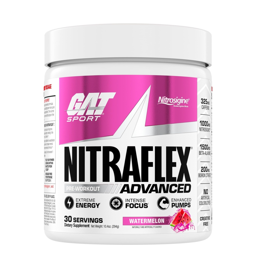 GAT SPORT Nitraflex Advanced Pre-Wortout Powder, αυξάνει τη ροή του αίματος, ενισχύει τη δύναμη και την ενέργεια, βελτιώνει την απόδοση της άσκησης, Creatine-Free (Watermelon, 30 εξυπηρετούν)
