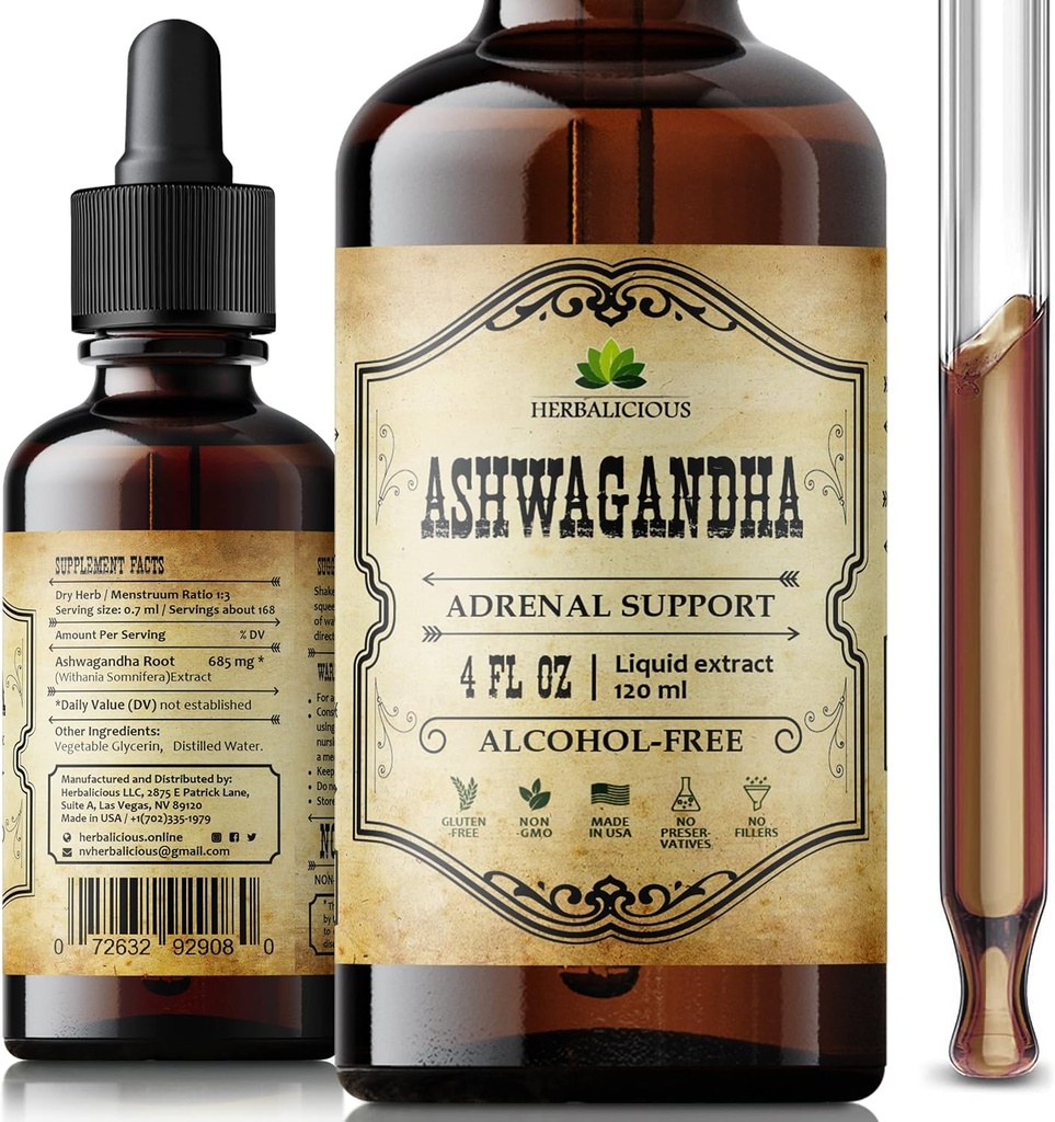 Συμπληρώματα Ashwagandha – Βιολογική Withania Somnifera Root Extract Υγρές σταγόνες – Φυσικό στρες ανακούφιση, Mood Booster, Sleep Aid & Calming Support – Μη ΓΤΟ, Vegan Formula – 4 fl oz