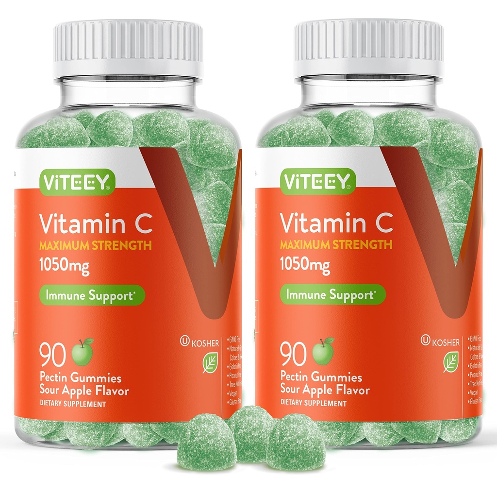 Viteey Chewable Vitamin C Gummies for Adults - 1050mg | Maximum Strength Immune Support Supplement - Vegan, Gluten Free - 180 Count