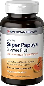 American Health Super Papaya Enzyme Plus - 180 Μασώμενα δισκία - Το συμπλήρωμα μετά το γεύμα - Μη GMO - 60 εξυπηρετήσεις