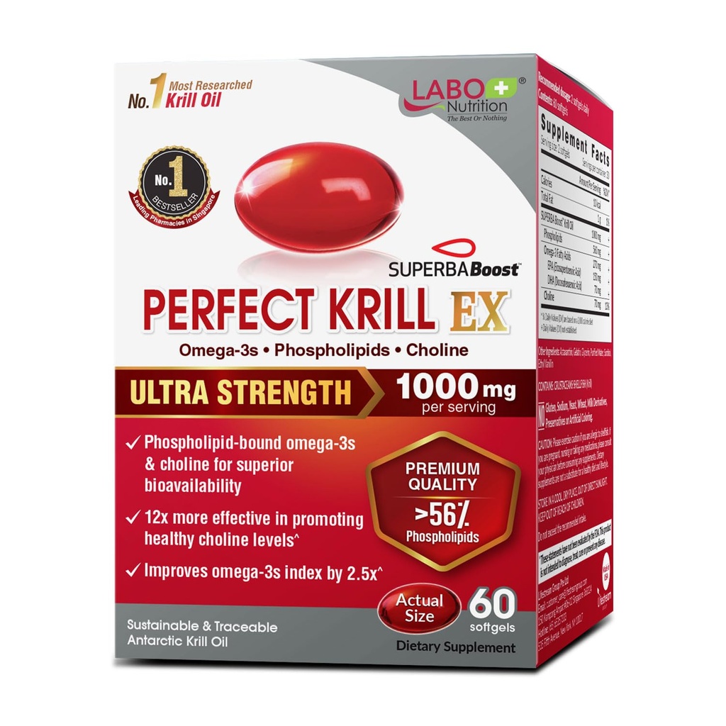 LABO Nutrition Perfect Krill EX, 1000mg Έλαιο κριλ Ανταρκτικής Omega 3 EPA DHA, Υψηλότερα φωσφολιπίδια (πάνω από 56%) με Χολίνη, Ασταξανθίνη 