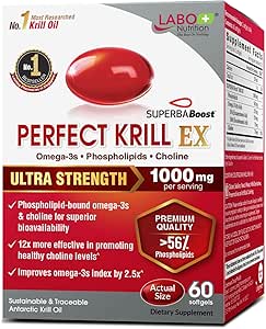 LABO Nutrition Perfect Krill EX, 1000mg Antarctic Krill Oil Omega 3 EPA DHA, Highest Phospholipids (Over 56%) with Choline, Astaxanthin | Heart Brain Eye Joint Health, Made in USA, 60 softgels