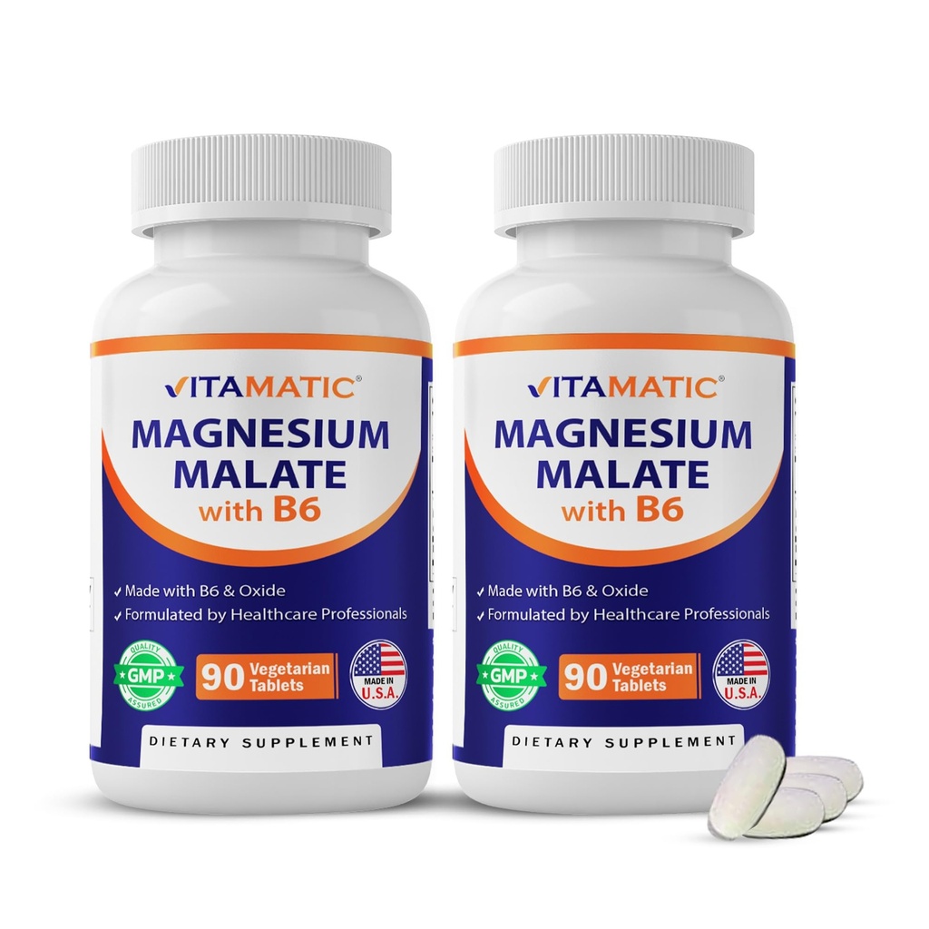 Vitamatic Magnesium Malate 2000mg per Serving - 90 Vegetarian Tablets - Προστέθηκε B6 για μέγιστη απορρόφηση - Υποστηρίζει τους μυς, τις αρθρώσεις και την καρδιακή υγεία * (2 μπουκάλια, χωρίς γεύση)