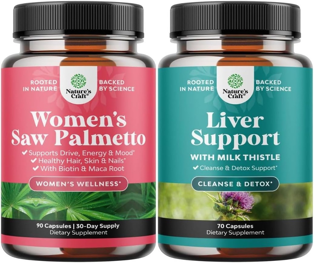 Packle of Extra Strength Saw Palmetto for Women and Liver Cleanse Detox & Repair Formula - DHT Blocker Παχύς Βιταμίνες μαλλιών για την απώλεια μαλλιών για τις γυναίκες - Silymarin Milk Thistle Liver Detox 70 Κάψουλες