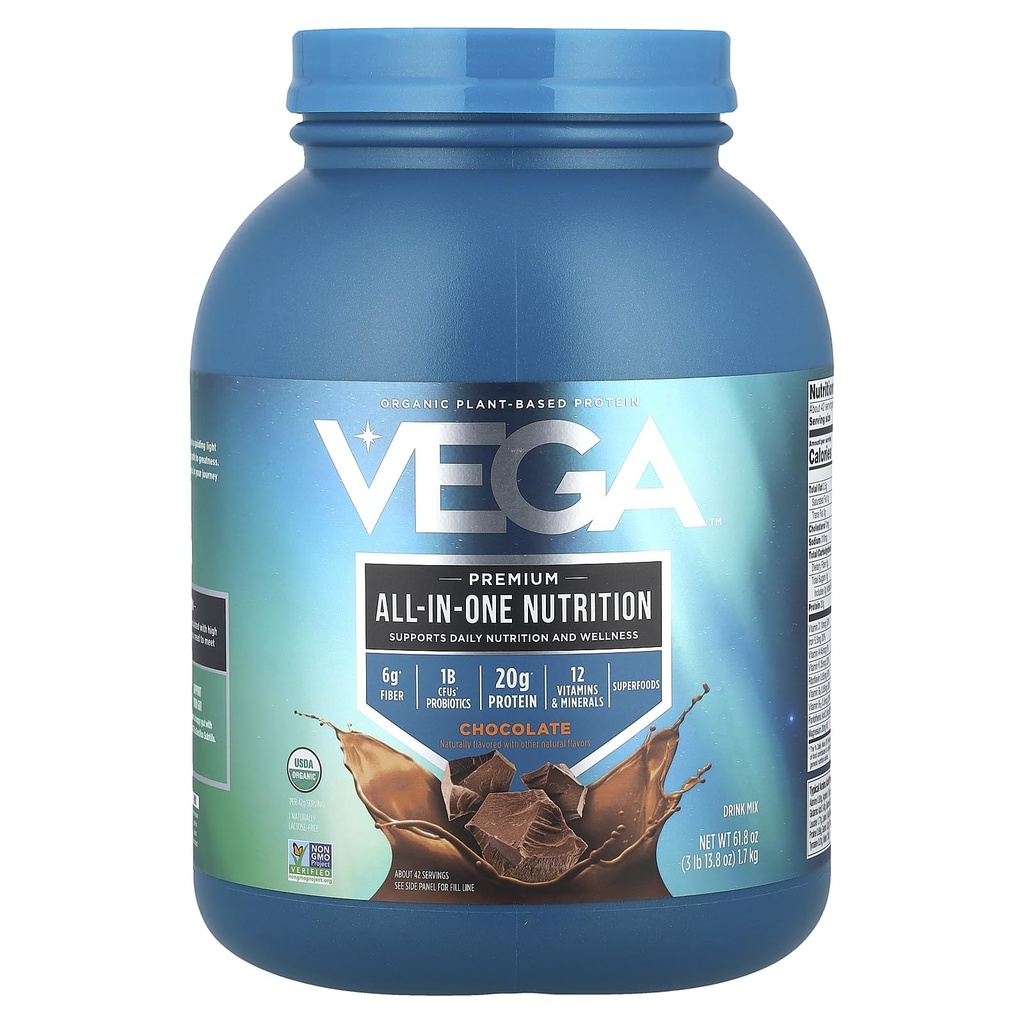 Vega όλα σε μία διατροφή οργανικά - 20g φυτικής πρωτεΐνης, σοκολάτας, 42 σέρβις, βιταμίνες A & C, προβιοτικά, πράσινα, Vegan, Keto, χωρίς γλουτένη, 61.8oz (Packaging May Vary)