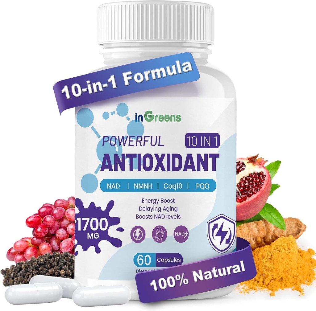 10-σε-1 Αντιοξειδωτικά συμπλήρωμα, 1700MG Super Αντιοξειδωτικό για γυναίκες και άνδρες, Ισχυρά Αντιοξειδωτικά με NAD, NMNH, Coq10, Resσβερατρόλη, επισκευή κυττάρων & μείωση δωρεάν ριζικές βλάβες, 60 κάψουλες