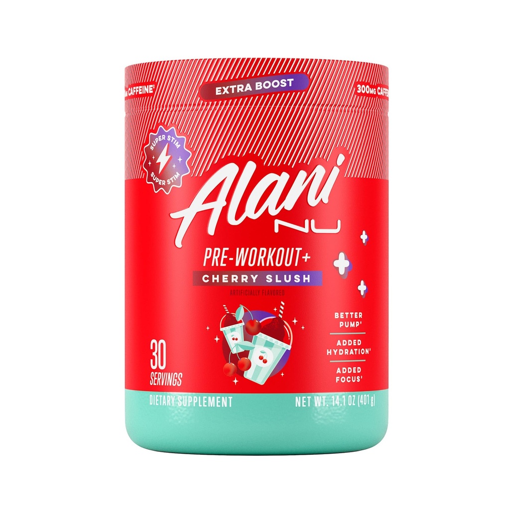 Alani Nu Pre προπόνηση+ σκόνη Cherry Slush, Extra Boost, Χωρίς ζάχαρη, 300mg καφεΐνη, L-Θεανίνη, Beta-Αλανίνη, Κιτρουλίνη, 30 υπηρεσίες