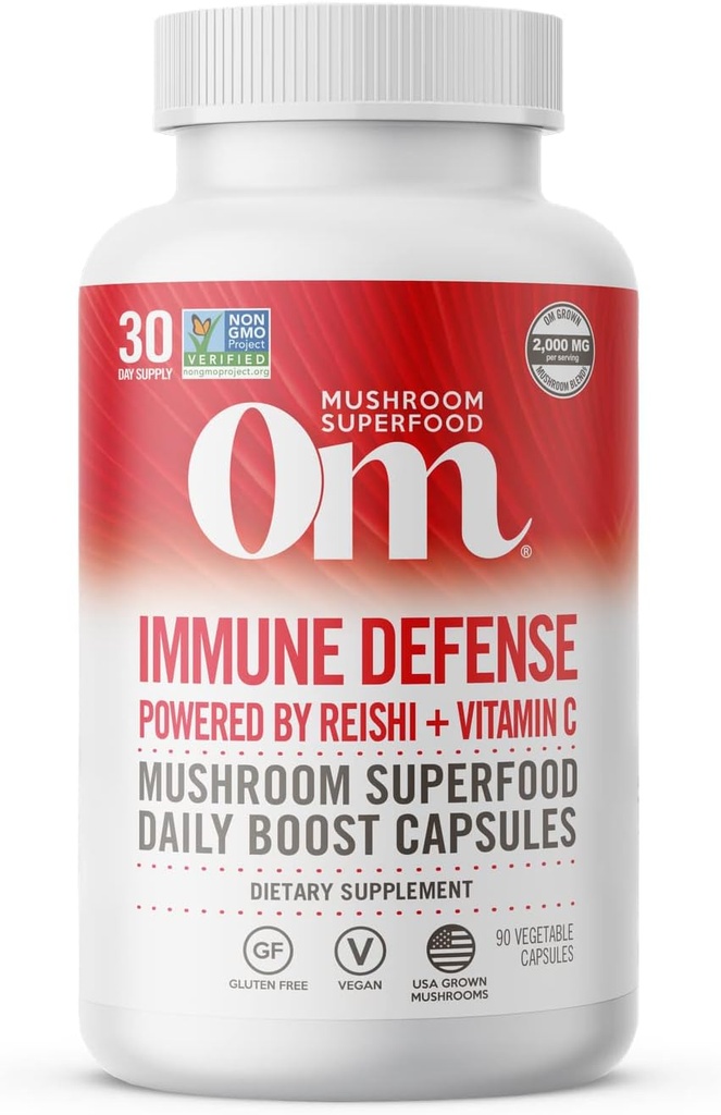 Om Mushroom Superfood Immune Defense Mushroom Caps Superfood Supplement, 90 Count, 30 Days, Mushroom Blend, Reishi, Turkey Tail, Maitake, Agaricus Blazei, Vitamin C, Vegan