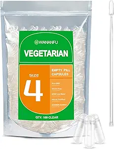wananfu Size 4 Empty Capsules Vegetarian (100 Count) Bundle with 2 Micro Lab Spoons, Clear Fillable Veggie Pill Capsules Size 4 for Making Your Own Supplements