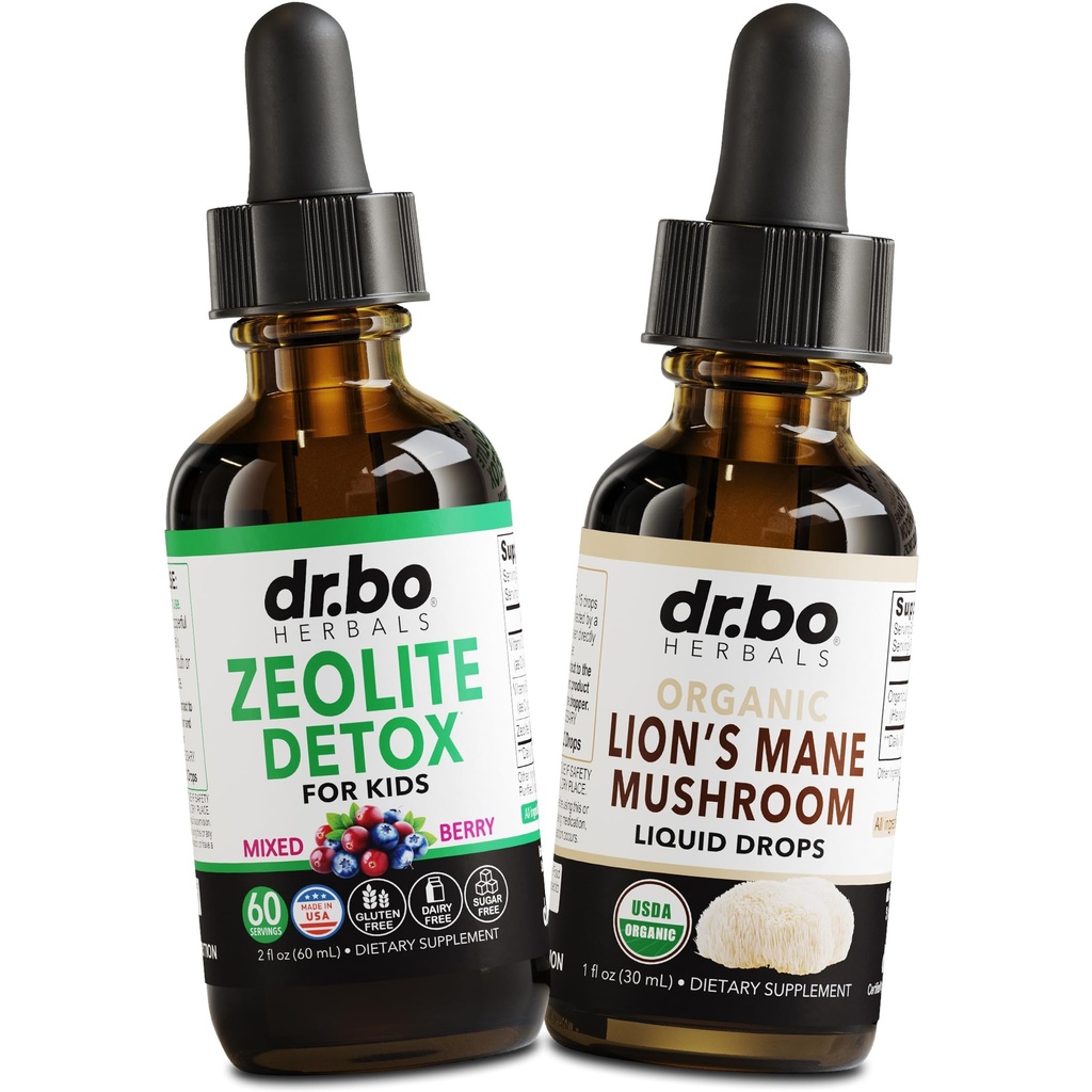 Zeolite Detox & Lions Mane Drops - Ζεόλιθος για παιδιά & ενήλικες με βιταμίνες B12 & D, Clinoptilite Gentle Body Daily Detox Cleanse - Organic Lion's Mane Mushroom Liquid Drops for Focus, Fog, Brain