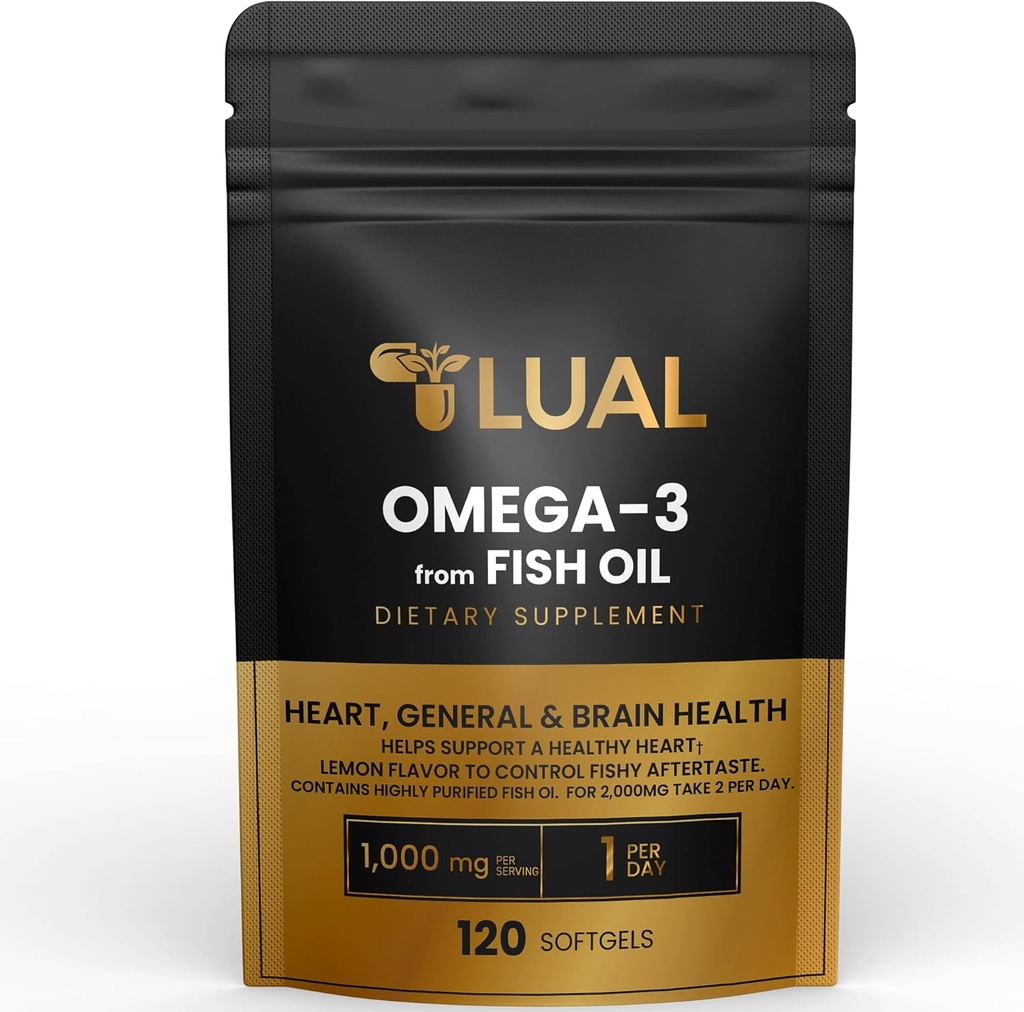 LUAL Omega-3 Fish Oil Softgels – 1000mg με EPA και DHA, άρωμα λεμόνι, Burpless, μη GMO Formula για την καρδιά, τον εγκέφαλο και τη συνολική ευεξία – 120 Count