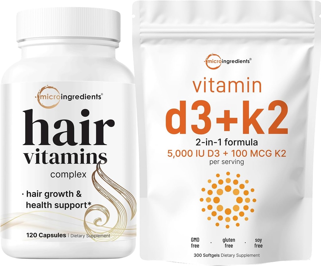 Micro Ingredients Vitamin D3 5,000iu + K2 100mcg Softgels & Hair Vitamins Complex Capsules Bundle 2 Pack | Essential Sunshine Vitamins | 14-in-1 Advanced Hair Growth Support