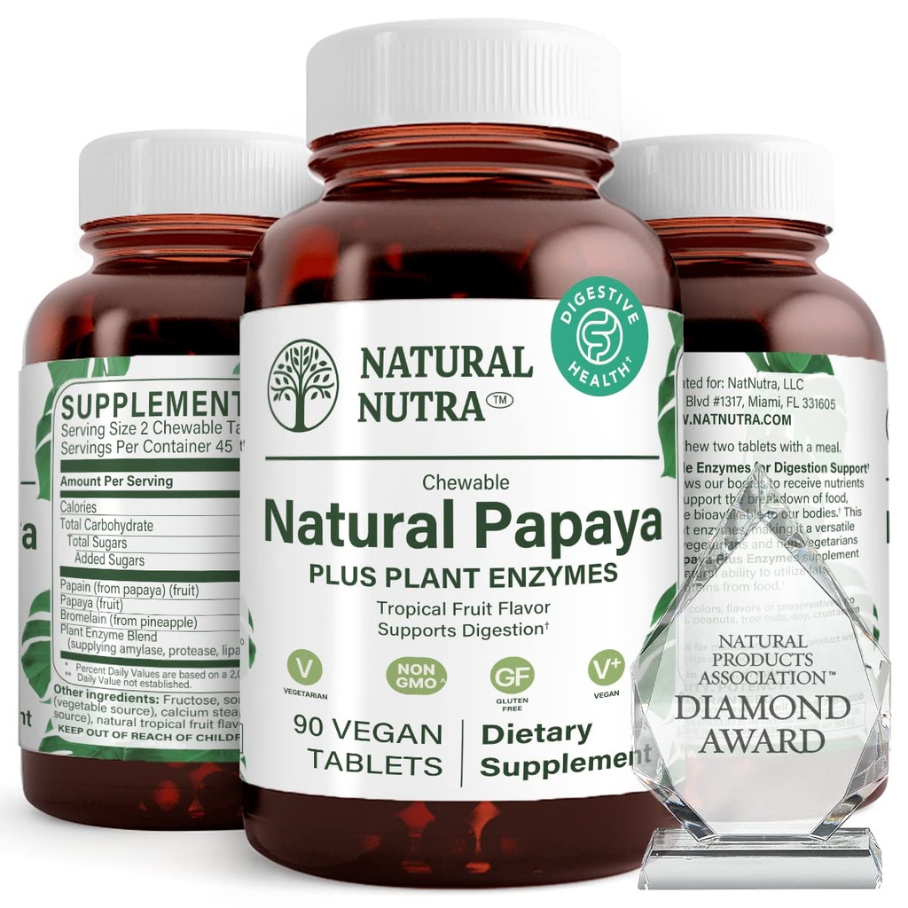 Φυσικό Nutra Papaya Μασώμενα ένζυμα για την πέψη και τον καθαρισμό του σώματος - Υποστηρίζει Digestive Υγεία, Ευκολία Γαστρεντερική δυσφορία - Απορρόφηση θρεπτικών ουσιών και μειώνει το Μπλόξιμο - 90 Vegan Tablets