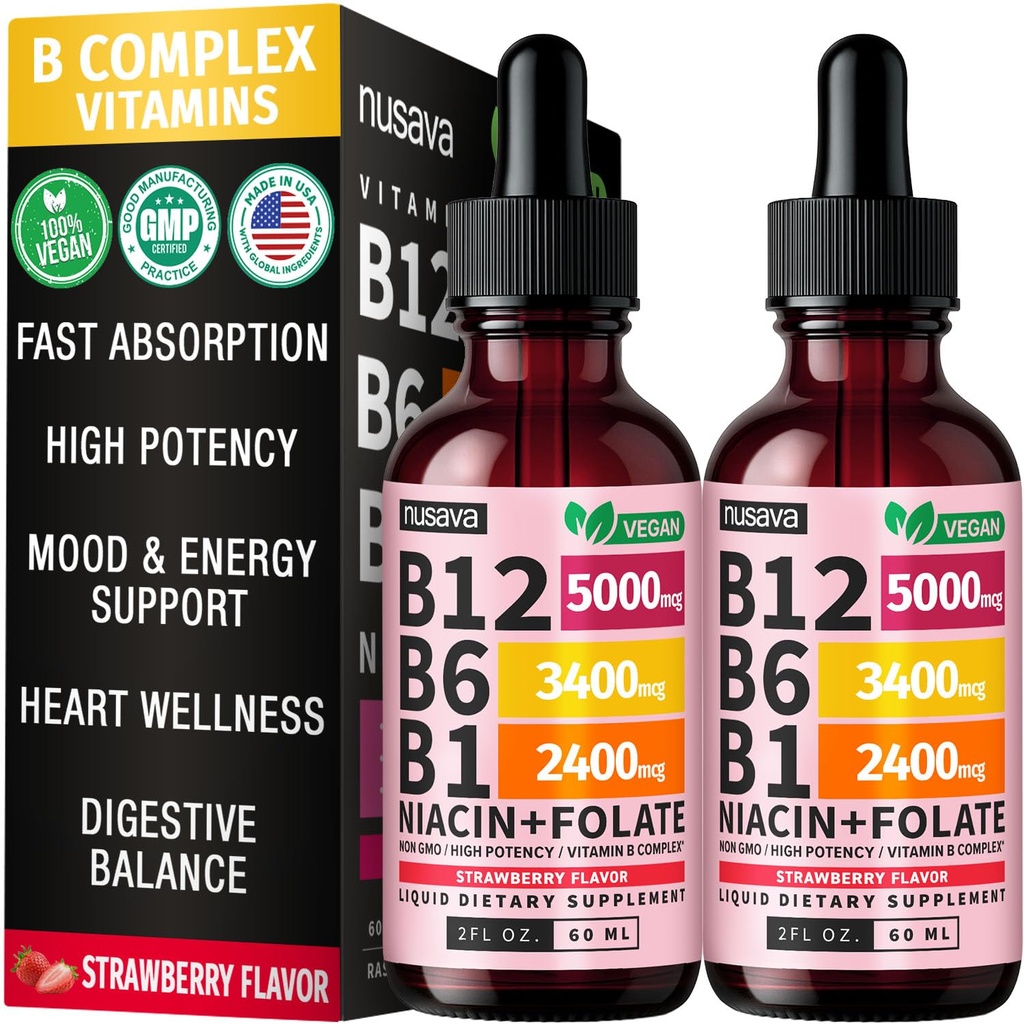(2 Pack) Βιταμίνη Β12 και Β6 Υγρές σταγόνες, B12 Υπογλώσσια Βιταμίνη Β Complex - B 12 Βιταμίνη 5000mcg - B12 Μεθυλοκοβαλαμίνη για την ενέργεια, τον εγκέφαλο και την υποστήριξη της καρδιάς με 27.200 mcg, Φράουλα, 80 Σερβίρεις