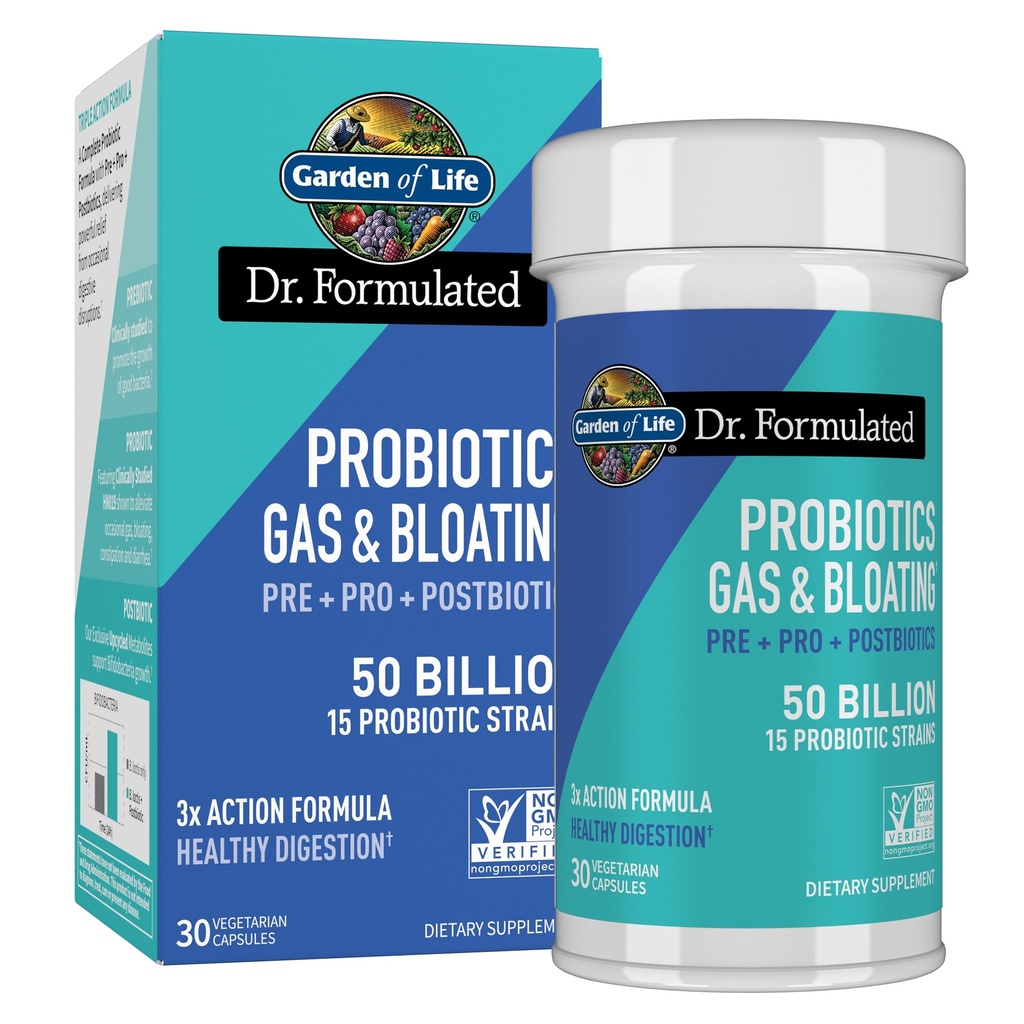 Garden of Life Dr. Formulated Pre, Post & Probiotics Gas & Bloating Once Daily 3-in-1 Complete Prebiotics, Postbiotics & Probiotics – 50 δισεκατομμύρια CFU, μη GMO, Χωρίς γλουτένη, 30 ημέρες προσφοράς