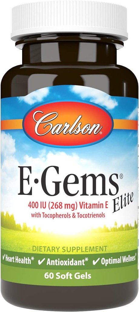 Carlson - E-Gems Elite, 400 IU Βιταμίνης Ε με τοκοφερόλες & τοκοτριενόλες, Υγεία της Καρδιάς & Βέλτιστη ευεξία, Αντιοξειδωτικό, 60 μαλακά τζελ