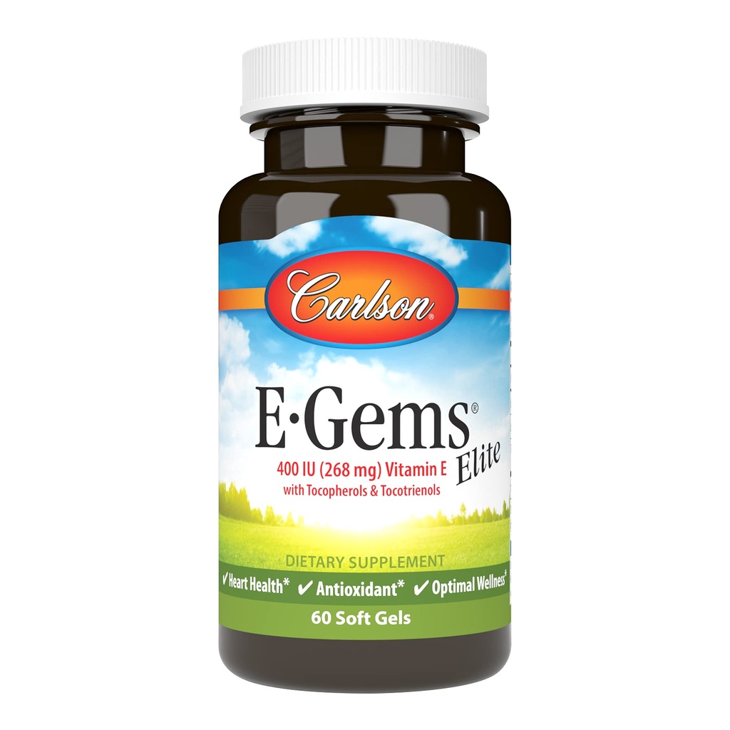 Carlson - E-Gems Elite, 400 IU Βιταμίνης Ε με τοκοφερόλες & τοκοτριενόλες, Υγεία της Καρδιάς & Βέλτιστη ευεξία, Αντιοξειδωτικό, 60 μαλακά τζελ