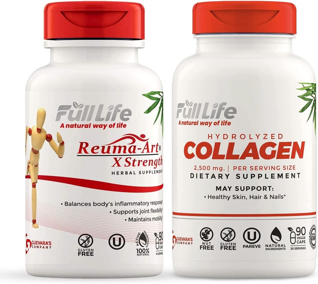 Full Life Reuma-Art X Strength and Hydrolyzed Collagen - Κοινό συμπλήρωμα υποστήριξης - χάπια κολλαγόνου βοοειδών - Kosher, χωρίς γλουτένη - 90 κάψουλες λαχανικών