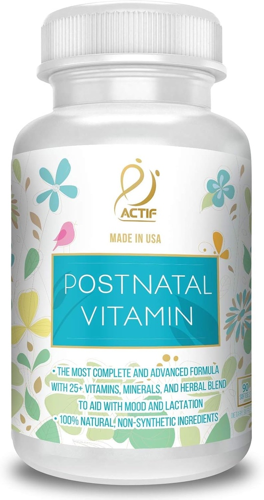 ACTIF Postnatal Vitamin with 25+ Organic Vitamins and Organic Herbs, Nursing and Lactation Supplement, Supports Baby's Brain Development, Non-GMO, Made in USA, 90 Count