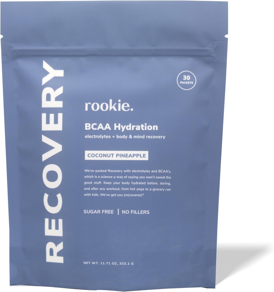 Rookie Wellness Recovery BCAA - Ηλεκτρολύτη και BCAA σκόνη με 5 g διακλαδισμένης αλυσίδας Αμινοξέα για την αποκατάσταση των μυών, ηλεκτρολύτες για την ενυδάτωση, & Μόνο 10 θερμίδες (30 σέρβις, καρύδα ανανά)