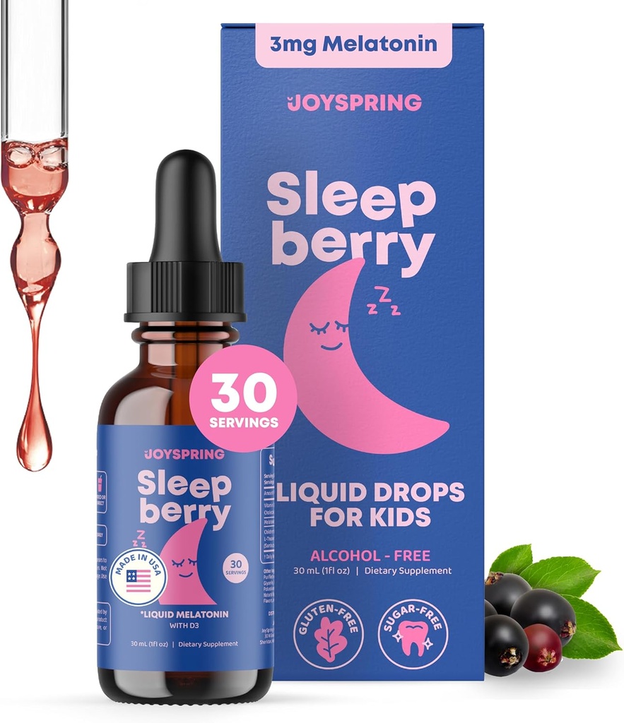 SleepBerry Liquid Melatonin for Kids - Natural Sleep Aid with Elderberry and Vitamin D - Ενισχύει το ανοσοποιητικό σύστημα ενώ κοιμούνται (1 fl oz)