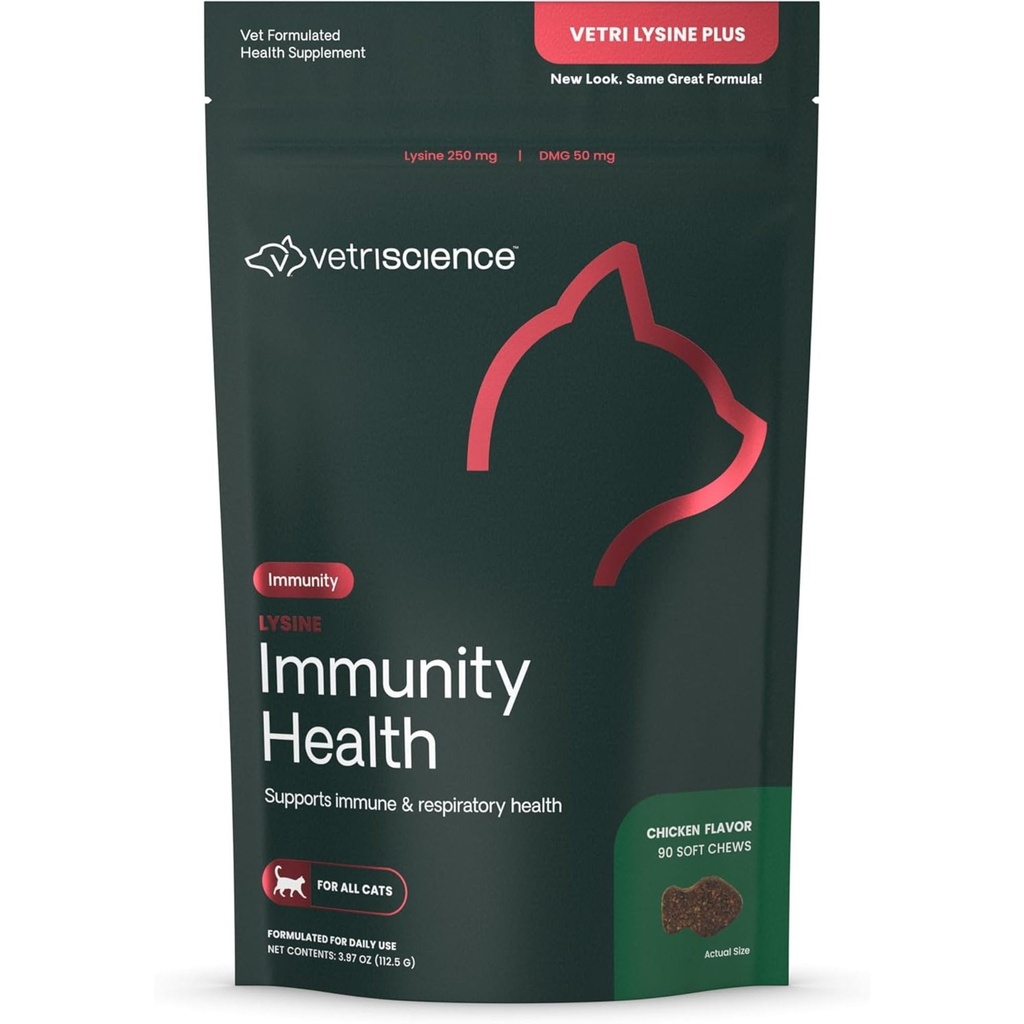 VetriScience Lysine Immunity Health Chews, 250 mg Immune Supplement for Cats and Kittens with Allergies, Sneezing, Runny Nose and Watery Eyes, Chicken, 90 Count