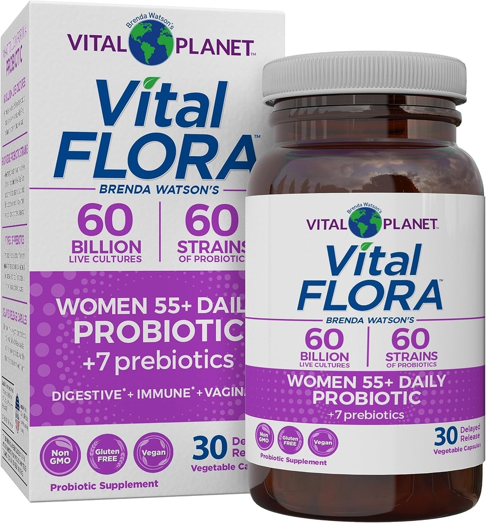 Vital Planet - Vital Flora Γυναίκες άνω των 55 Daily Probiotic, 60 Billion CFU, Diverse Strains, Organic Prebiotics, Κολπική και Ανοσολογική Υποστήριξη, Digestive Health Probiotics για γυναίκες 30 Κάψουλες