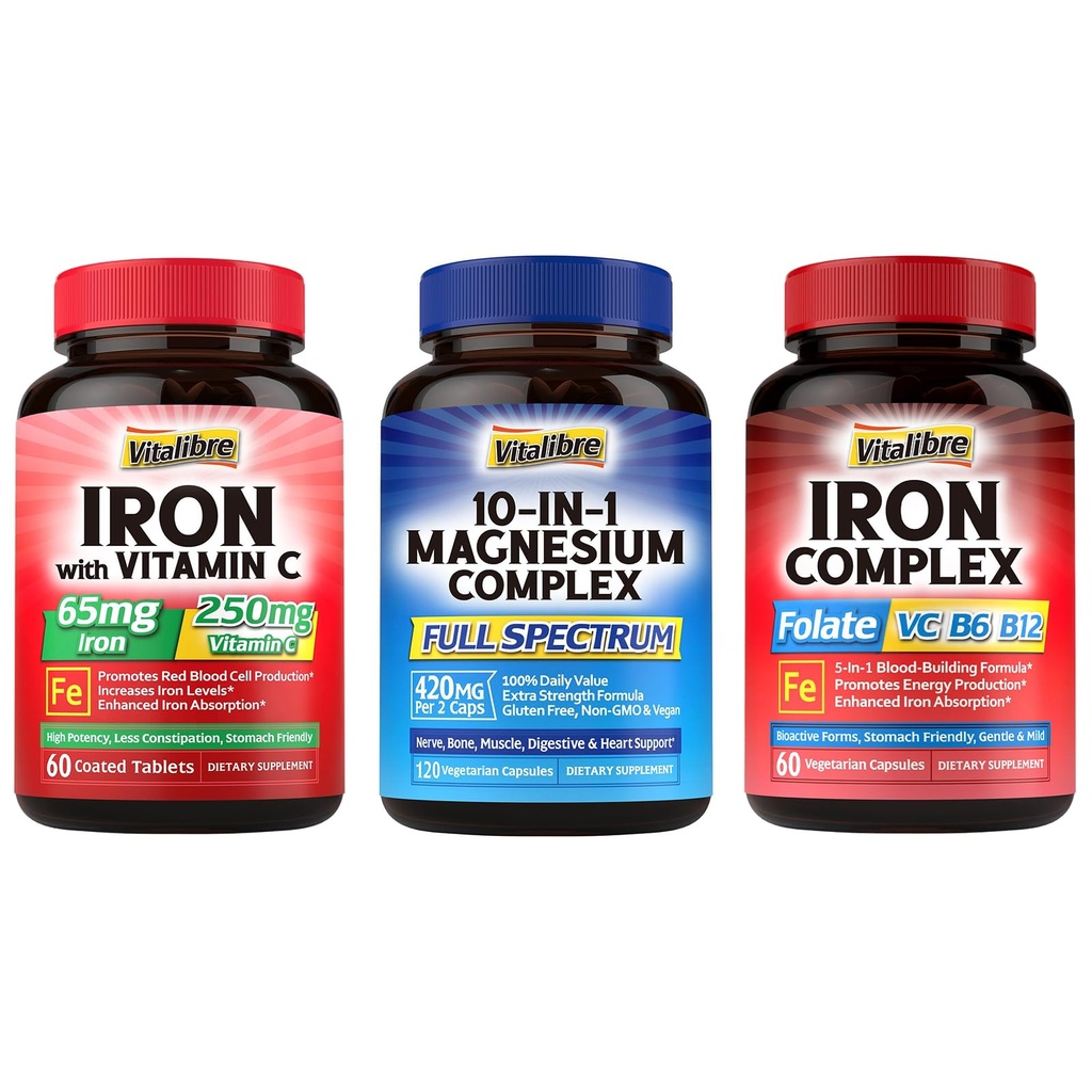 10 in 1 Magnesium Complex & Iron Supplement, 65mg Carbonyl Iron with 250mg Vitamin C & 5 in 1 Iron Complex