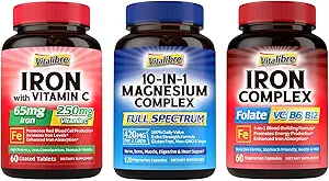 10 σε 1 Magnesium Complex & Iron Supplement, 65mg Carbonyl Iron με 250mg Βιταμίνη C & 5 σε 1 Iron Complex