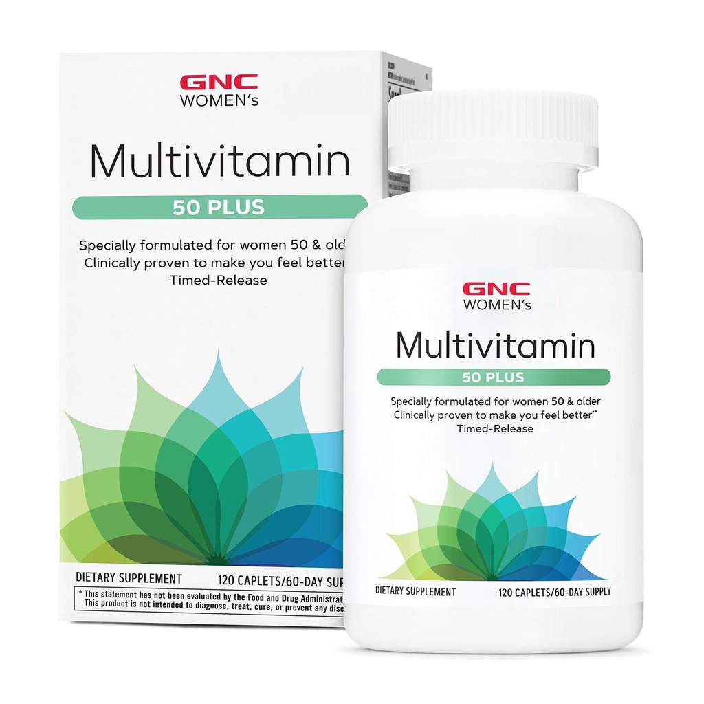 GNC Γυναικεία 50 Plus Πολυβιταμίνες, Κλινικά Αποδεδειγμένα για να αισθανθείτε καλύτερα, Βιταμίνη D-3, Ανοσοποιητικό, Ισχυρά Οστά, Μνήμη, Νοητική οξύτητα, Όραμα, Βιοτίνη, Χρονική απελευθέρωση, 120 ct, 60 svgs