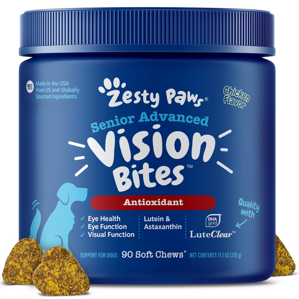 Συμπλήρωμα ματιών Zesty Paws για σκύλους - Υποστήριξη όρασης με αντιοξειδωτικά & Ωμέγα 3 λιπαρά οξέα - 90 μάσημα