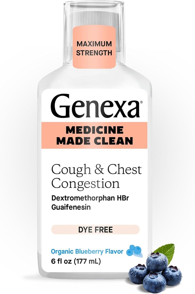 Genexa Clean Cough & Chest Confestion Relief, Dye Free, 0% Τεχνητά Πρόσθετα, Multi-Symptom Μέγιστη Ανακούφιση Ανακούφιση Σιρόπι Βήχα, Σιρόπι Βήχας Καταπραϋντικό & Προσδοκητικό, Βιολογικό άρωμα βατόμουρου, 6 fl oz
