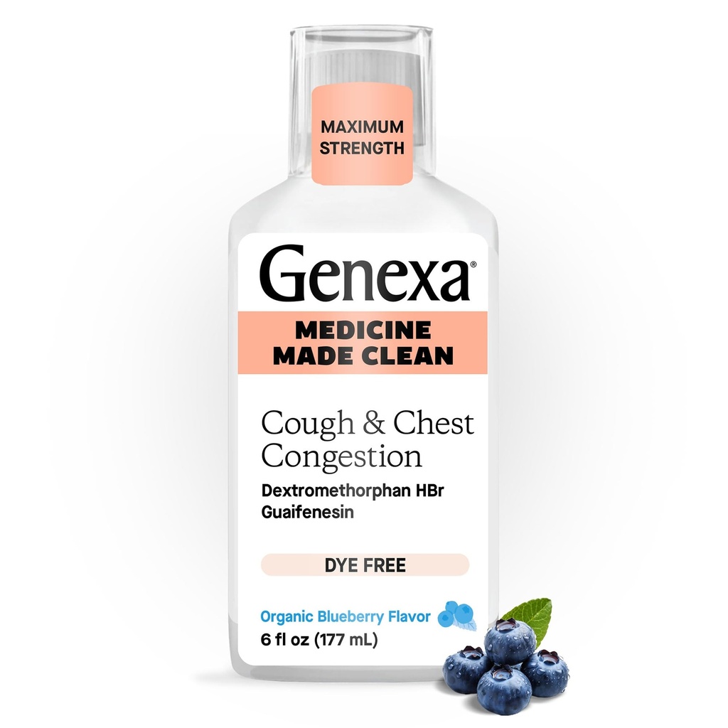 Genexa Clean Cough & Chest Confestion Relief, Dye Free, 0% Τεχνητά Πρόσθετα, Multi-Symptom Μέγιστη Ανακούφιση Ανακούφιση Σιρόπι Βήχα, Σιρόπι Βήχας Καταπραϋντικό & Προσδοκητικό, Βιολογικό άρωμα βατόμουρου, 6 fl oz