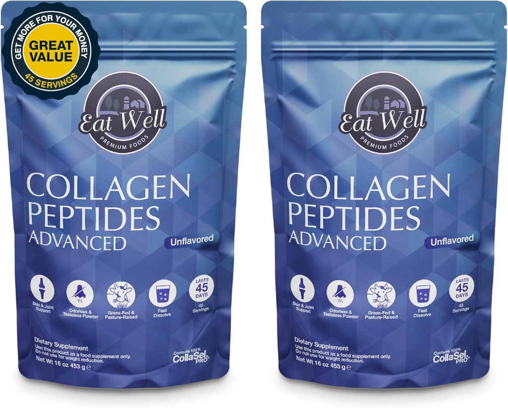 EAT WELL PREMIUM FOODS Collage Peptides Peptides powder Protein 45 Servings, 16oz, Collagen for Skin, Bone and Joint Support, Type I & III Grass Fed Collagen (45 Services (Pack of 2), Unflavored)