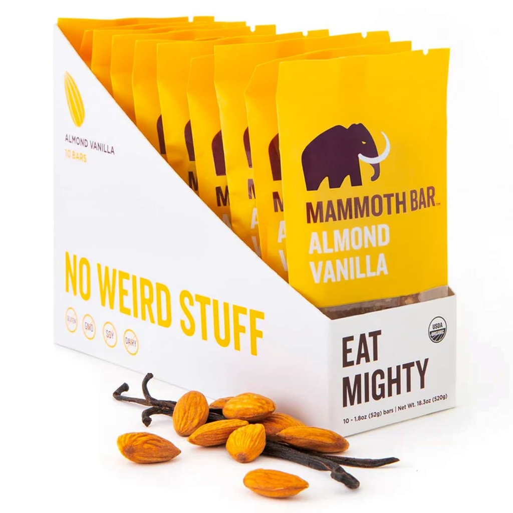 Mammoth Bar Almond Vanilla Bar - High Fiber • Paleo • Gluten Free • Egg Protein • GMO Free • Raw • Premium Nuts • Prebiotic • Acestral
